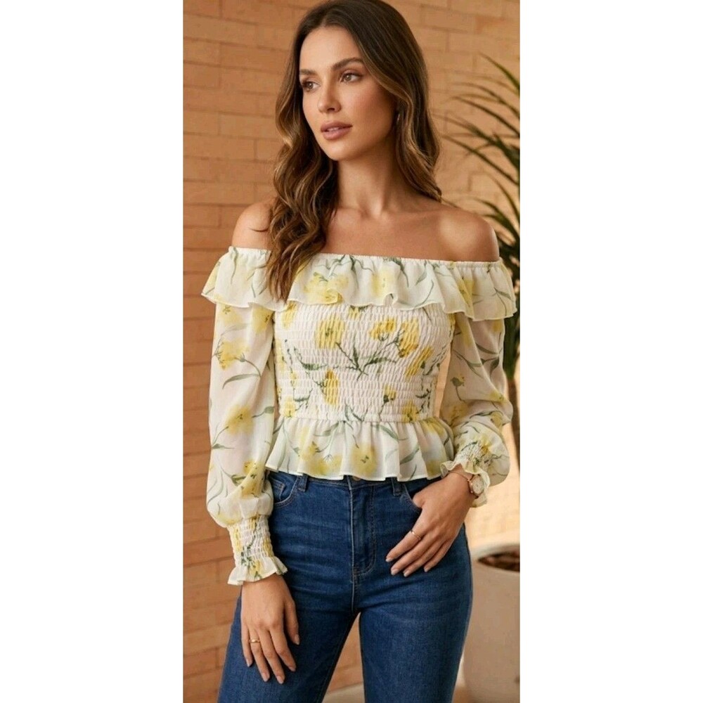 Love & Piece Blouse Size S Sheer Long Sleeve Ruffle Floral Yellow